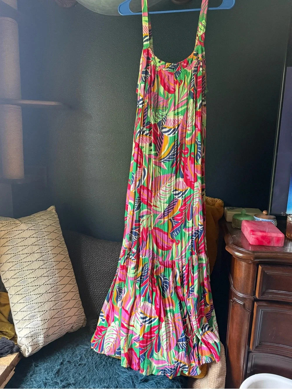 Japna Bright Tropical Print Pleated Maxi Dress - Pink, Green, Yellow, Blue - Picture 1 of 4